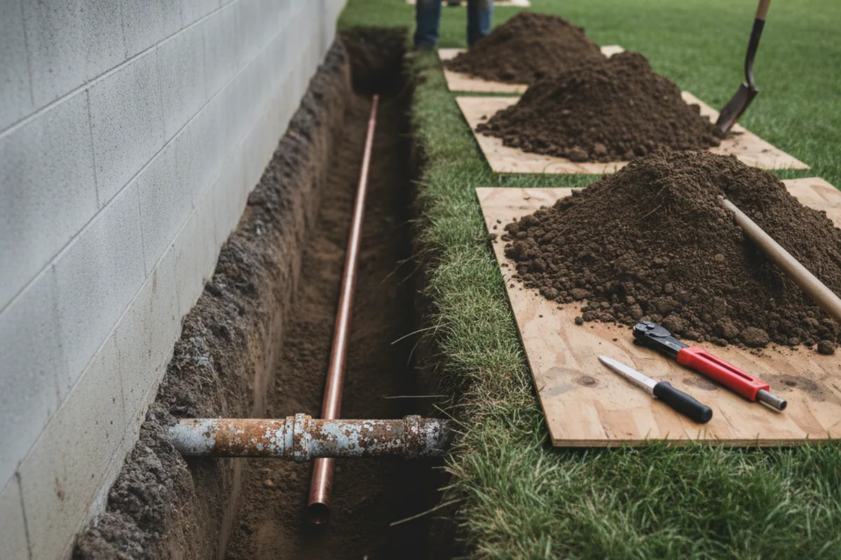 Excavated water line trench during Water Softener Installation in Copeland